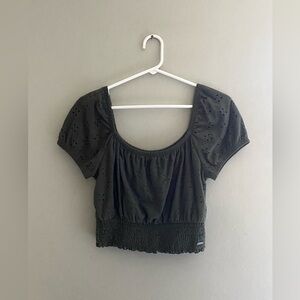 Hollister Medium Dark Green Eyelet Crop Top with Puff Sleeves